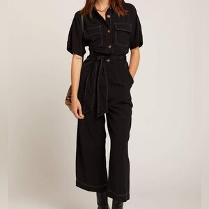 Black Collared Buttoned Jumpsuit with Waist Tie
